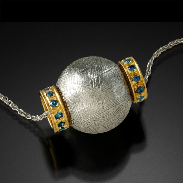 Meteorite Jewelry: Necklace with Gold & Blue Sapphire in 14K Yellow Gold - Made to Order