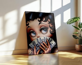 Betty Boop Cartoon Canvas Print, Money Art Decor
