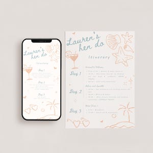 Peut inclure: Un smartphone et un itin&eacute;raire imprim&eacute; pour un enterrement de vie de jeune fille, avec le texte "Lauren's hen do". Le design comprend des illustrations de cocktails, de coquillages et de palmiers.