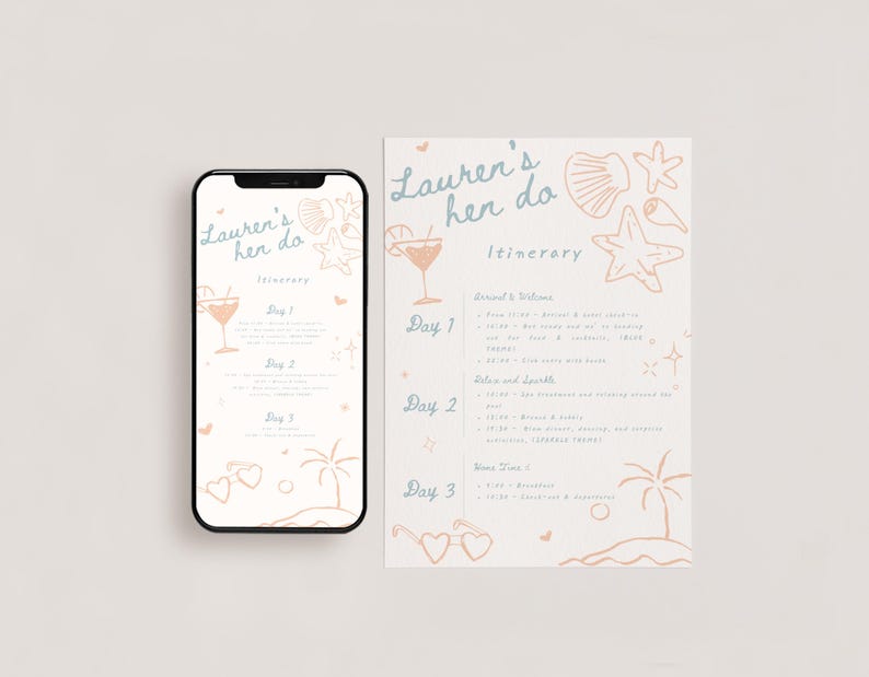 Peut inclure: Un smartphone et un itin&eacute;raire imprim&eacute; pour un enterrement de vie de jeune fille, avec le texte "Lauren's hen do". Le design comprend des illustrations de cocktails, de coquillages et de palmiers.