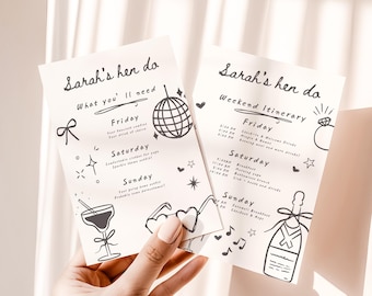 Hen Do Itinerary & Packing List Template | Editable Canva 5x7” + iPhone | Simple Doodle Hen Do Weekend Schedule | Digital Download
