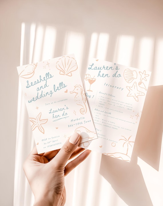 Seashells and Wedding Bells Hen Do Invitation & Itinerary List Template | Editable Canva 5x7” + iPhone | Digital Download