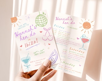 Peut inclure: Deux cartons d'invitation pour un enterrement de vie de jeune fille à Ibiza, en mai 2027. Les cartes présentent des illustrations colorées d'une boule disco, de cerises, d'un cocktail et d'une tranche de citron.