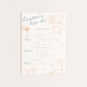 Peut inclure: Une carte d'itin&eacute;raire cr&egrave;me avec le texte "Lauren's hen do" en bleu et des illustrations d'un cocktail, de coquillages et de lunettes de soleil. L'itin&eacute;raire d&eacute;taille les &eacute;v&eacute;nements sur trois jours, y compris l'arriv&eacute;e, la d&eacute;tente et le d&icirc;ner.