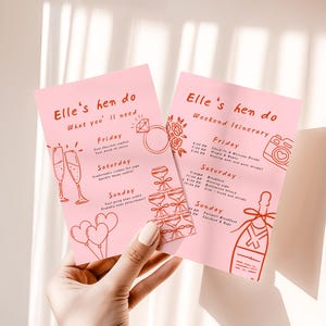 Op de afbeelding: Twee roze kaarten met de tekst "Elle's hen do" en illustraties van een diamanten ring, champagneglazen en een champagnefles. De kaarten beschrijven een weekendroute.