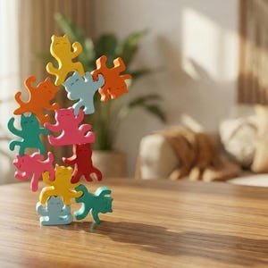 May include: A colorful wooden cat stacking toy in shades of yellow, orange, pink, red, green, and blue. The cats are stacked on a wooden table in a living room setting. The toy is a fun and engaging activity for children.