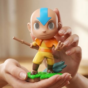 May include: A figurine of a character with a bald head and a blue arrow on the forehead, wearing yellow and orange clothing. The figure is holding a brown staff and standing on a green base. The figurine is held in a person's hands.