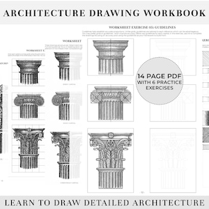 May include: An architecture drawing workbook featuring black and white illustrations of classical column capitals. The document includes worksheets with hatching exercises and guidelines for drawing Corinthian and Ionic orders, totaling 14 pages.