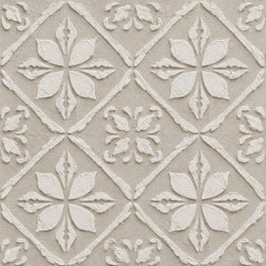 May include: A square tile featuring a raised, textured off-white floral pattern set against a light beige background. The design consists of repeating diamond shapes outlined by embossed lines, with a central four-petaled flower motif.