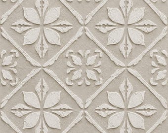 May include: A square tile featuring a raised, textured off-white floral pattern set against a light beige background. The design consists of repeating diamond shapes outlined by embossed lines, with a central four-petaled flower motif.