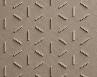 May include: A taupe-colored wall panel featuring a repeating geometric pattern of raised, rectangular bars arranged in a structured grid. The surface has a textured, matte finish with subtle, crackled detailing across the entire area.