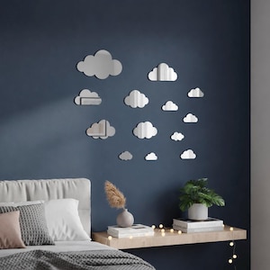 May include: A collection of thirteen cloud-shaped wall mirrors in varying sizes, featuring reflective surfaces. These individual mirror pieces are arranged in a cluster on a dark blue wall, creating a decorative display of mirrored clouds.