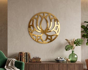 蓮の壁飾り：ゴールドミラーステッカー付き円形瞑想装飾