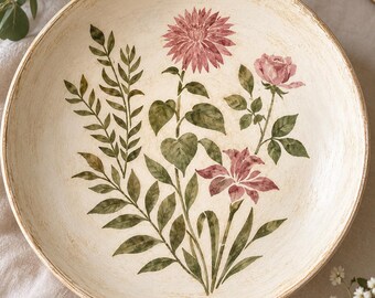 May include: A round, cream-colored ceramic bowl with a distressed finish. The interior features a painted botanical illustration of a large pink dahlia, a smaller pink rose, a pink lily-like flower, and green leafy stems.
