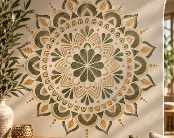 May include: A large circular wall decal featuring a symmetrical mandala pattern in shades of sage green, gold, and cream. The design consists of concentric rings of petals, geometric shapes, and dots, creating a textured, layered appearance.