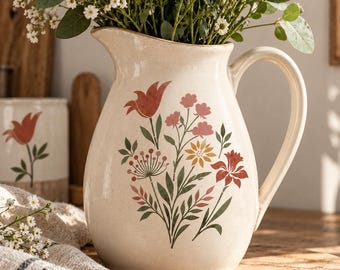 May include: A cream-colored ceramic pitcher featuring a floral pattern with red, pink, and yellow flowers and green leaves. The pitcher has a curved handle and a spout, and it is filled with a bouquet of white baby's breath and daisies.
