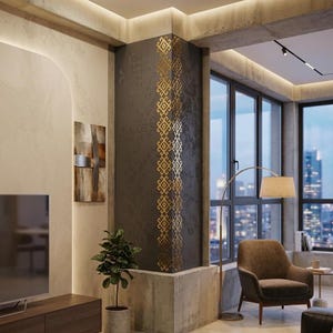 May include: Interior design with a dark grey feature wall adorned with a gold geometric pattern. A modern living space includes a brown armchair, a floor lamp with a beige shade, and a potted plant. Large windows offer a city view.