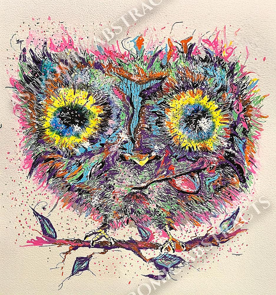 Spirit Glyph: Owlburst - A whimsical Abstract Owl Art Print &ndash; Colorful Paint Marker Owl on Woo