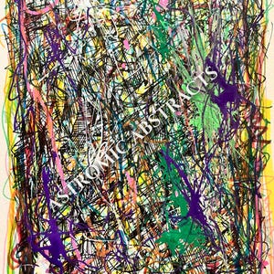 May include: Abstract artwork with a chaotic arrangement of colorful lines and shapes. The piece features a mix of colors including green, purple, pink, and yellow, with the text "ASTRONOMIC ABSTRACTS" visible.