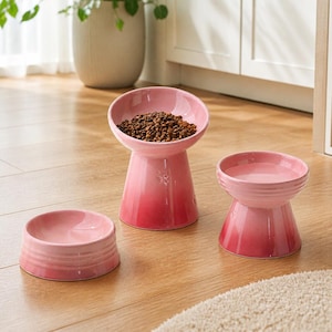 Puede incluir: Tres cuencos de cerámica para mascotas con un degradado de color rosa. Un cuenco alto está lleno de pienso seco marrón, mientras que otro cuenco alto y uno bajo y ancho están vacíos. Cada cuenco tiene una base acampanada y superficie lisa.