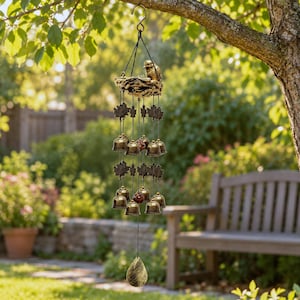 Rustic Bird Nest Wind Chime, Antique Bronze Leaf Bells, Metal Garden Ornament for Porch or Patio
