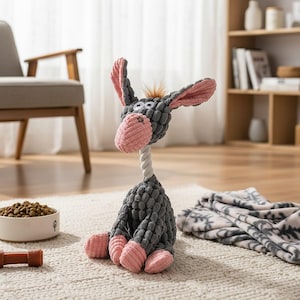 May include: A donkey-shaped dog toy with a grey body, pink ears, nose, and feet, and a white rope neck. The toy has googly eyes and a fluffy mane. It is placed on a cream-coloured rug.