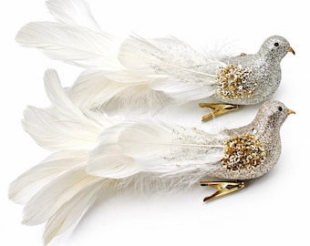 Champagne Christmas Tree Decorative Birds, 2pcs Clip-On Ornaments, 10x2x2 Inch Holiday Home Decor