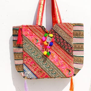 Colorful Mirror Patchwork Banjara Boho Tote Bag, Large Artisan Shoulder Purse, Ethnic Indian Gift