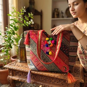 Boho Patchwork Tote Bag, Vintage Kantha Embroidery Multicolor Handbag, Mirror Work Festival Shoulder Bag