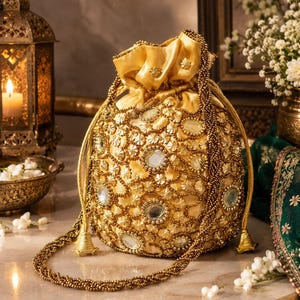 May include: A gold drawstring pouch bag featuring an intricate exterior adorned with metallic beadwork, small floral-shaped sequins, and circular mirror accents. The bag includes a long, braided beaded strap and a gathered top closure with tassels.