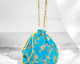 Turquoise Blue Bridal Potli Bag Handmade Indian Embroidered Pearl Handle Golden Zardosi Wedding Pouch