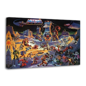 May include: A canvas print featuring a vibrant, action-packed scene from "Masters of the Universe." The artwork depicts a battle with various characters, a castle, and the series' logo. The color palette includes blues, oranges, and yellows.