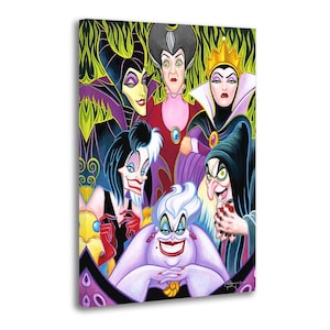May include: A canvas print featuring a group of Disney villains. The artwork showcases characters like Maleficent, Cruella de Vil, and Ursula, with a vibrant, colorful design. The background has a green and yellow flame pattern.