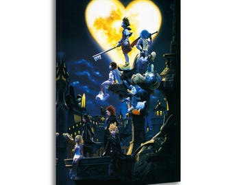 May include: A canvas print featuring a group of animated characters standing on a castle structure against a night sky backdrop. A large yellow heart-shaped moon is in the background. The characters are in various poses, some holding weapons.
