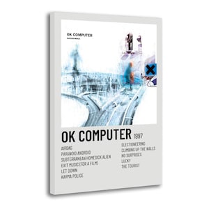 May include: A framed poster of Radiohead's "OK Computer" album art from 1997. The image shows a highway scene in blue and white tones, the album title, and a list of tracks. The poster is rectangular and set against a white backdrop.