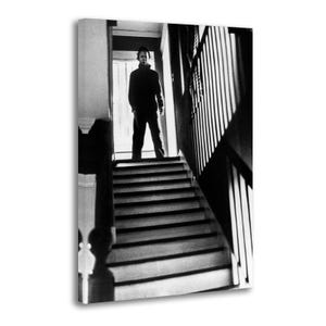May include: Black and white canvas print of a scene from a horror film. A figure stands at the top of a staircase, illuminated by light from a doorway. The staircase and surrounding architecture are visible.