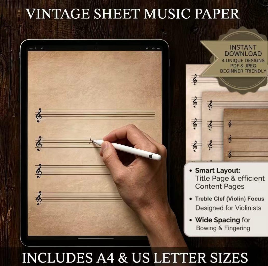 Volin Paper Vintage Violin Sheet Music Paper, Blank Treble Clef Staff, Kraft ...