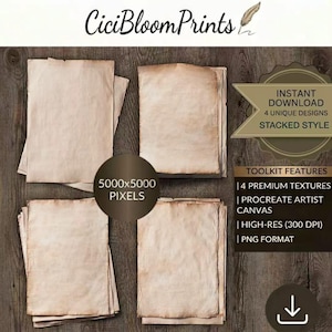 May include: Four stacks of aged paper sheets with a vintage aesthetic. The image includes text that reads "CiciBloomPrints", "Instant Download", "4 Unique Designs", "Stacked Style", "5000x5000 Pixels", and "Toolkit Features".