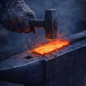 Könnte beinhalten: Ein Schmiedehammer schlägt auf einen glühenden, orangefarbenen Metallstab auf einem Amboss. Funken fliegen, wenn der Hammer aufschlägt. Die Szene spielt in einer schwach beleuchteten Werkstatt mit Rauch und dunklem Hintergrund.