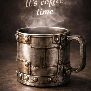 Könnte beinhalten: Eine Metall-Kaffeetasse mit genietetem Design, Dampf steigt von oben auf. Die Tasse hat einen Henkel und den Text "It's coffee time" in Weiß. Die Tasse steht auf einer Holzoberfläche.