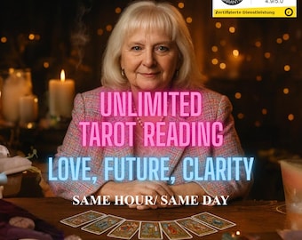 May include: An image promoting tarot reading services. The text reads "UNLIMITED TAROT READING LOVE, FUTURE, CLARITY SAME HOUR/ SAME DAY". A woman sits at a wooden table with tarot cards. Candles and a trusted shop badge are visible.