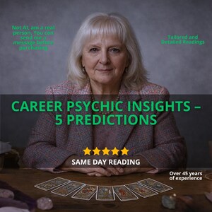 Pode incluir: Imagem de uma mulher com cabelo branco e um blazer, com texto: "CAREER PSYCHIC INSIGHTS - 5 PREDICTIONS". Texto adicional inclui "SAME DAY READING" e "Over 45 years of experience". Cartas de tarot sobre uma mesa de madeira.