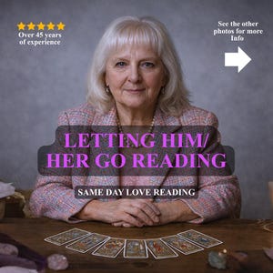 Könnte beinhalten: Eine Frau mit blonden Haaren und einem rosa Blazer sitzt an einem Holztisch mit Tarotkarten. Der Text auf dem Bild lautet "LETTING HIM/HER GO READING" und "SAME DAY LOVE READING". Das Bild enthält auch den Text "Over 45 years of experience".