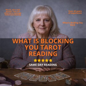 Könnte beinhalten: Eine Frau mit blonden Haaren und einer gemusterten Jacke. Der Text "WHAT IS BLOCKING YOU TAROT READING" und "SAME DAY READING" ist zu sehen. Tarotkarten liegen auf einem Holztisch.