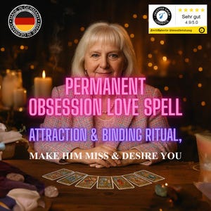 Könnte beinhalten: Das Bild zeigt eine Frau mit dem Text "PERMANENT OBSESSION LOVE SPELL, ATTRACTION & BINDING RITUAL, MAKE HIM MISS & DESIRE YOU." Tarotkarten liegen auf einem Holztisch. Das Bild enthält auch ein "MADE IN GERMANY" Logo.