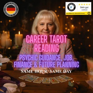 Könnte beinhalten: Werbung für Karriere-Tarot-Lesungen. Das Bild zeigt eine Frau und den Text: "Career Tarot Reading, Psychic Guidance, Job, Finance & Future Planning, Same Hour/Same Day." Tarotkarten liegen auf einem Holztisch.