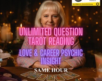 May include: A woman seated at a wooden table with tarot cards. The image features text that reads "UNLIMITED QUESTION TAROT READING LOVE & CAREER PSYCHIC INSIGHT SAME HOUR". A "Trusted Shop" badge is visible.