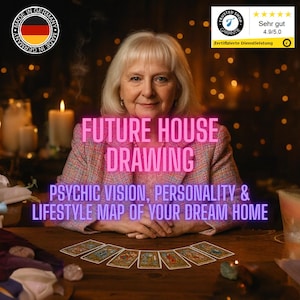 Könnte beinhalten: Eine Frau mit weißen Haaren sitzt an einem Holztisch mit Tarotkarten. Der Text "FUTURE HOUSE DRAWING" wird in Rosa angezeigt, mit zusätzlichem Text darunter. Ein "Made in Germany"-Siegel ist sichtbar.