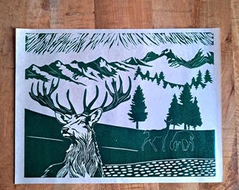 Nel sottobosco - Stampa fatta a mano. Linoleografia stampata a mano. Stampa originale