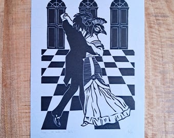 Grabado en linóleo "El salón de baile I" - Ilustración surrealista de bailarines con cabeza de pájaro - Obra de arte original en linóleo